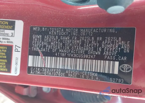 2012 Toyota Camry Se z USA, uszkodzony, nr VIN 4T1BF1FK9CU598247